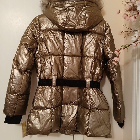 Michael Kors Champagne Metallic Belted Puffer Jacket/ Detachable Hood sz L - Picture 5 of 10